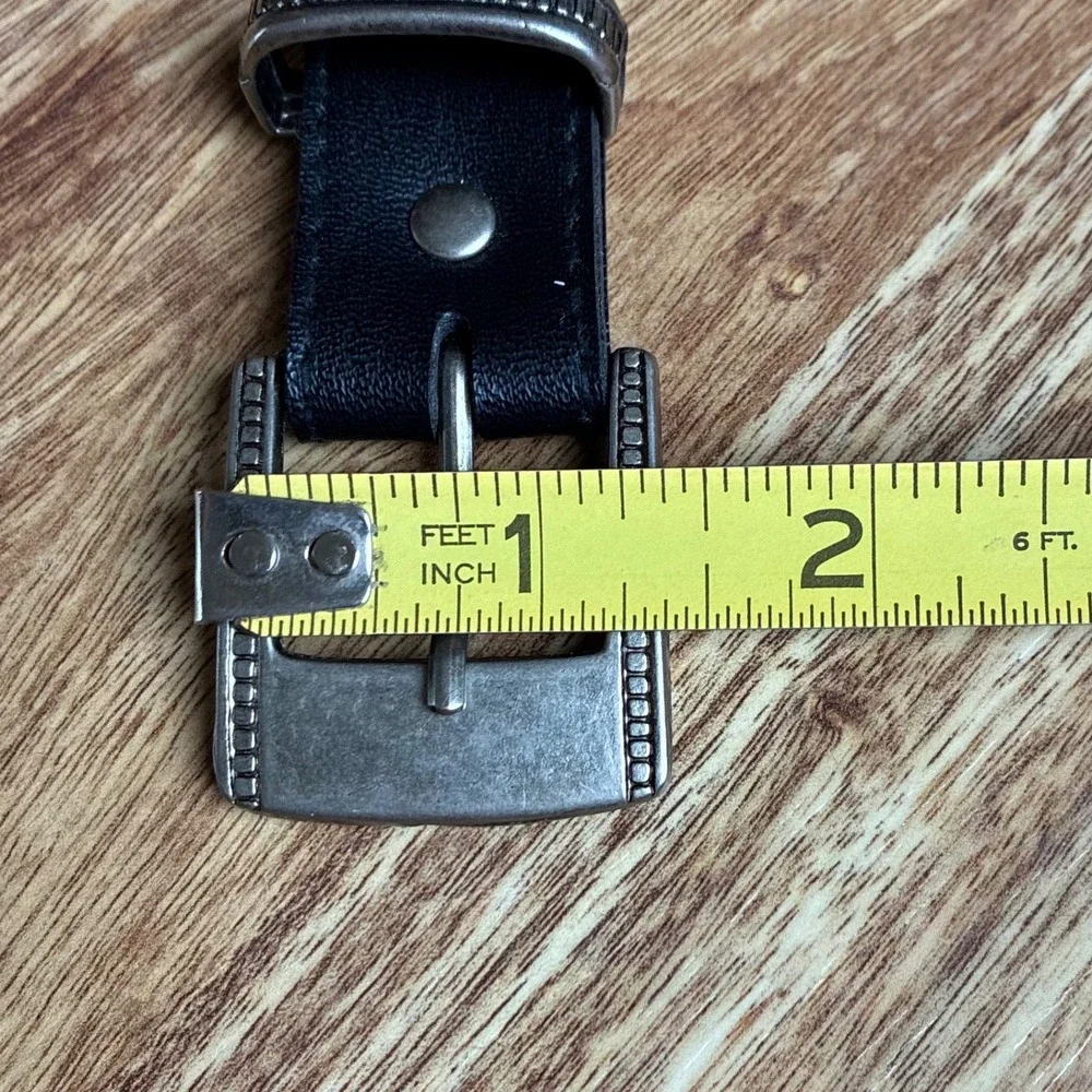 Vintage Western Belt Black Silver Buckle Tip Cowboy Boho Etched Metal Statement
